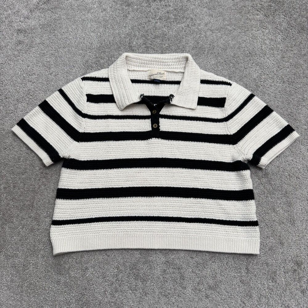 Universal Thread Striped Crochet Knit Polo Shirt Womens Large Black White Casual